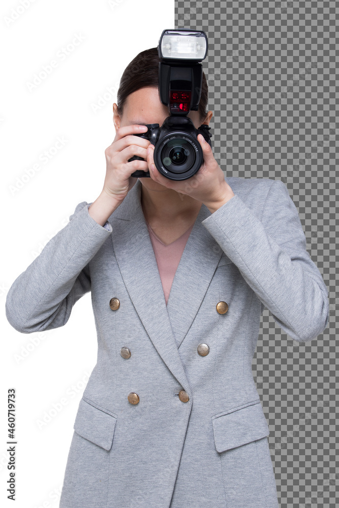 Half body 20s Asian woman hold dslr camera wear blazzer suite as journalist photographer, isolated Half body 20s Asian woman hold dslr camera wear blazzer suite as journalist photographer, isolated
