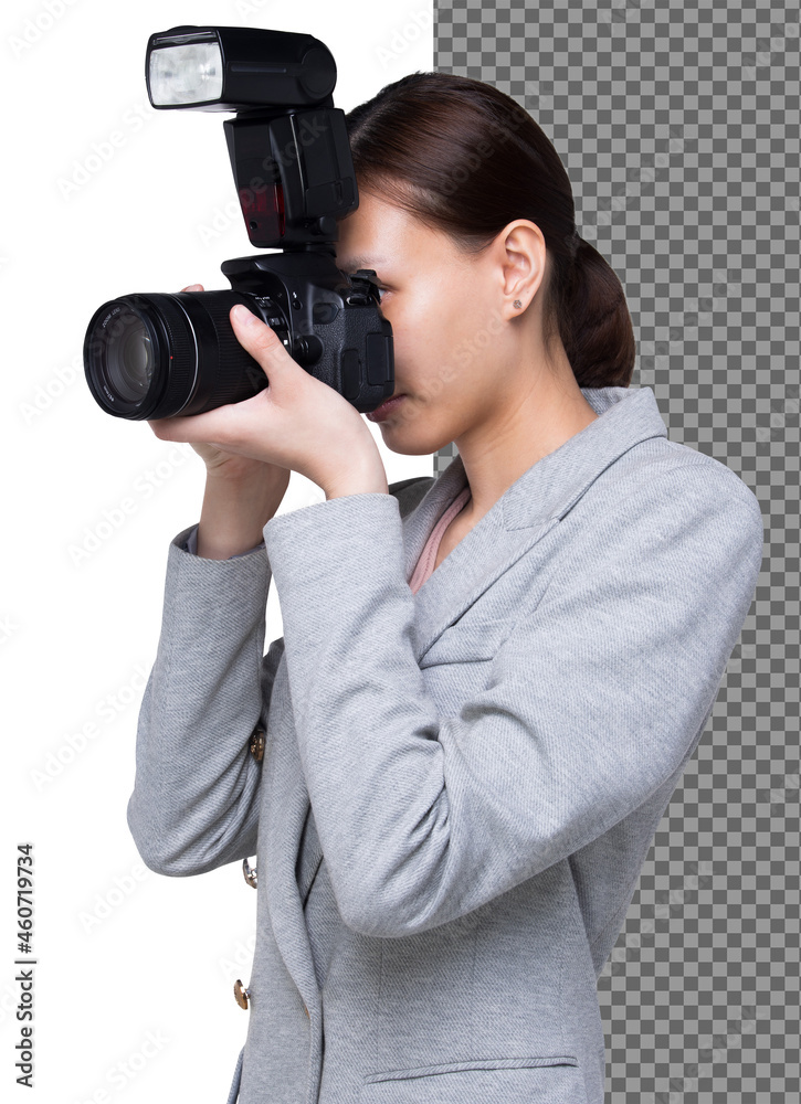 Half body 20s Asian woman hold dslr camera wear blazzer suite as journalist photographer, isolated Half body 20s Asian woman hold dslr camera wear blazzer suite as journalist photographer, isolated