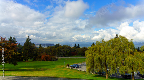 View from car park at Burnaby Mountain Park, BC, on a cloudy Fall day.