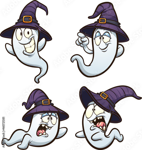 Halloween ghosts with purple witch hats. Vector clip art illustration with simple gradients. Each on a separate layer.
