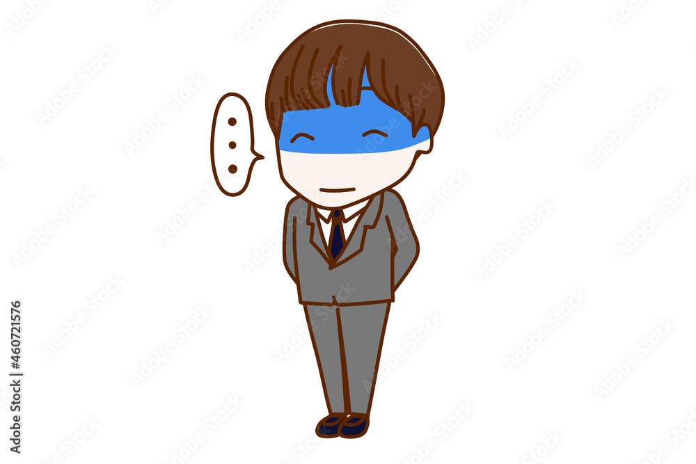 <全身・斜め>無言で真っ青になりながら笑顔の圧をかける男子学生 <全身・斜め>無言で真っ青になりながら笑顔の圧をかける男子学生