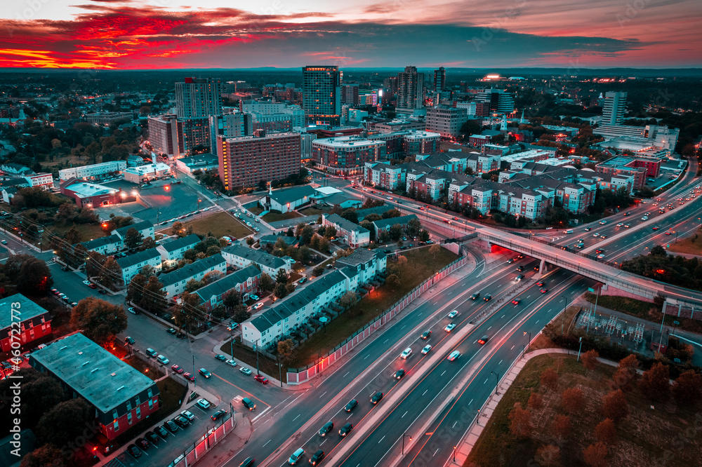 Fototapeta premium Aerial Drone Sunset in New Brunswick New Jersey