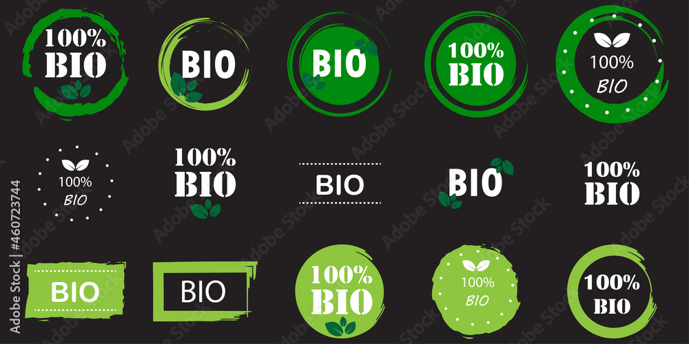 One hundred percent bio symbol set. Natural food logo. Black background. Health care. Vector illustration. Stock image. One hundred percent bio symbol set. Natural food logo. Black background. Health care. Vector illustration. Stock image.