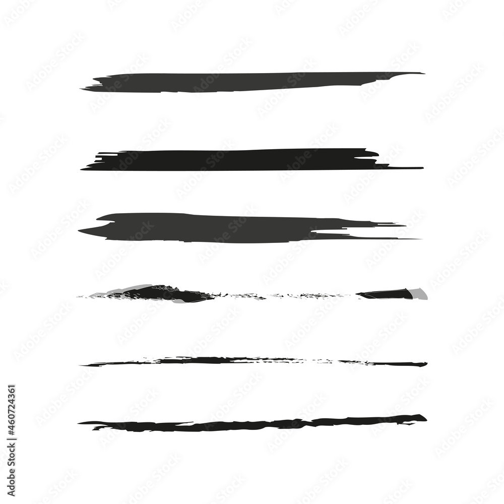 Gray brush strokes set. Grunge texture. Free hand abstract. Line art. Watercolor effect. Vector illustration. Stock image.