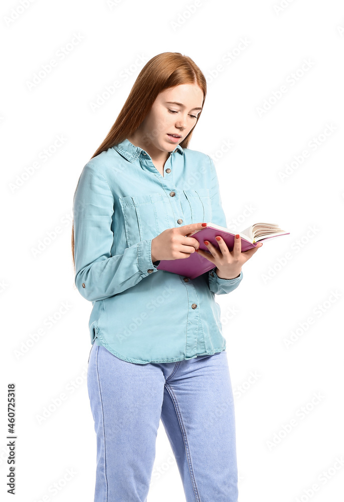 Young woman reading book on white background Young woman reading book on white background