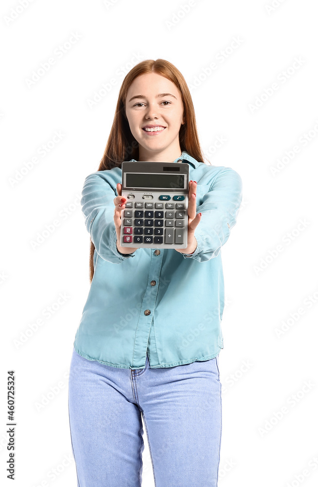 Young woman with calculator on white background Young woman with calculator on white background