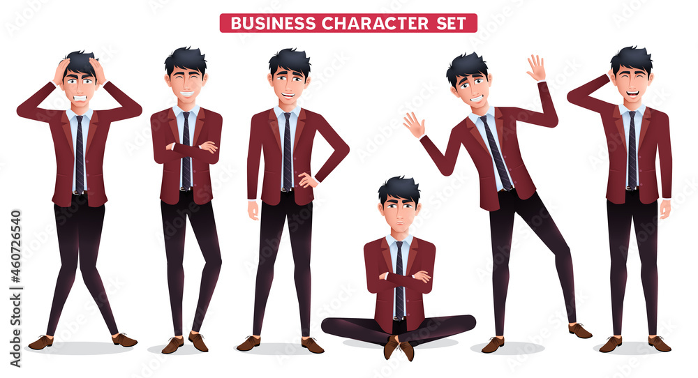 Businessman character vector set. Business man boss employee characters standing with smiling and angry expressions isolated in white background for employee collection design. Vector illustration.
