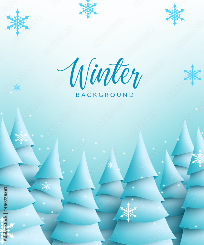 Winter vector poster background. Winter text with frozen fir trees and falling snowflakes decor elements in ice blue space for cold season messages decoration. Vector illustration.
Winter vector poster background. Winter text with frozen fir trees and falling snowflakes decor elements in ice blue space for cold season messages decoration. Vector illustration.