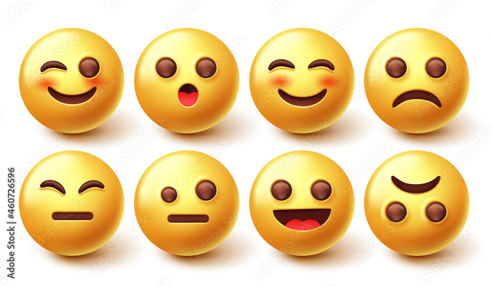 Emoji smileys characters vector set. Emoticon 3d character design in happy and sad face collection isolated in white background for smiley emojis graphic expression. Vector illustration.
