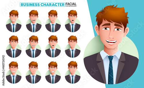 Businessman facial expressions vector set. Business man character in smiling, laughing, serious and angry face emotions for male employee mood and reaction design. Vector illustration.
