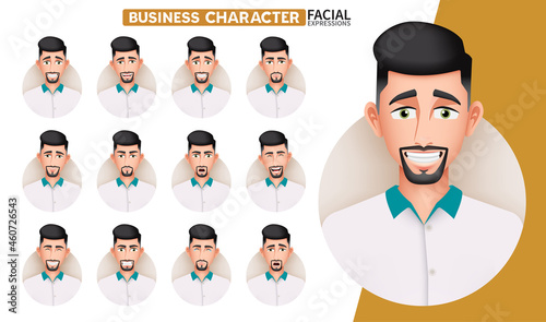 Business man facial expressions vector set. Businessman character in smiling, happy, serious and angry face reactions for male employee emotion collection design. Vector illustration.
