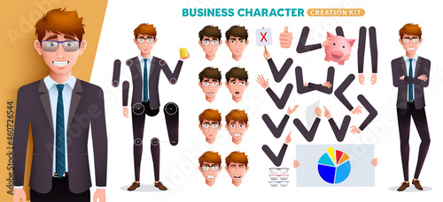 Business man character kit vector set. Businessman creation characters with head, arms and business elements editable for employee face expression and body creator design. Vector illustration.
