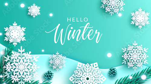 Winter snowflakes vector background design. Hello winter greeting text with snow flakes paper art decoration and leaves elements for cold season decor. Vector illustration.
