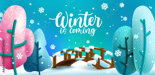 Winter landscape vector background design. Winter is coming text in wintry forest with doodle trees and bridge for cartoon snowy season scenery design. Vector illustration.
