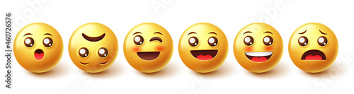 Smileys character vector set. Smiley 3d graphic design emojis in smiling, blushing and surprised face characters collection isolated in white background. Vector illustration. 