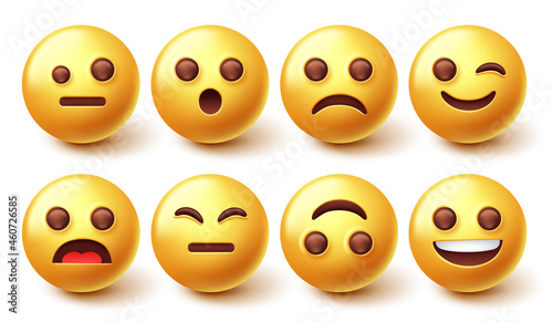 Smileys character vector set. Emoji 3d smiley with happy, sad and upset face emotion isolated in white background for emoticon character graphic design elements. Vector illustration. 