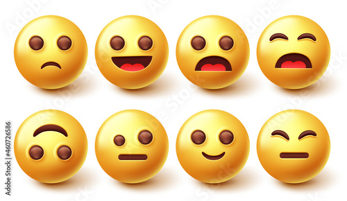 Smileys emoji character vector set. Smiley 3d emoticon with happy, sad and cute face emotion isolated in white background for emojis character graphic design collection. Vector illustration.
