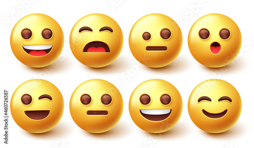 Emoji characters vector set. Smileys emoticon 3d graphic design in happy and upset facial expression isolated in white background for cartoon collection elements. Vector illustration.
