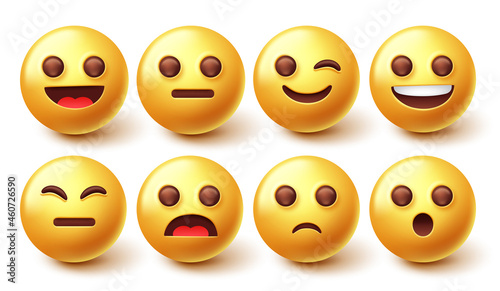 Emoji smileys character vector set. Smiley emoticon collection with graphic facial expression isolated in white background for emojis face design element. Vector illustration. 