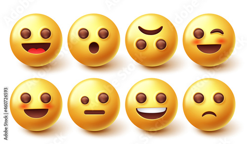 Emoji smiley characters vector set. Smileys 3d yellow face graphic design with facial mood expression isolated in white background for emojis reaction collection. Vector illustration.  © ZeinousGDS
