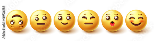 Emoji characters vector set. Smiley emoticons happy, sad and surprised in yellow face icon collection for 3d emojis reaction graphic design. Vector illustration. 