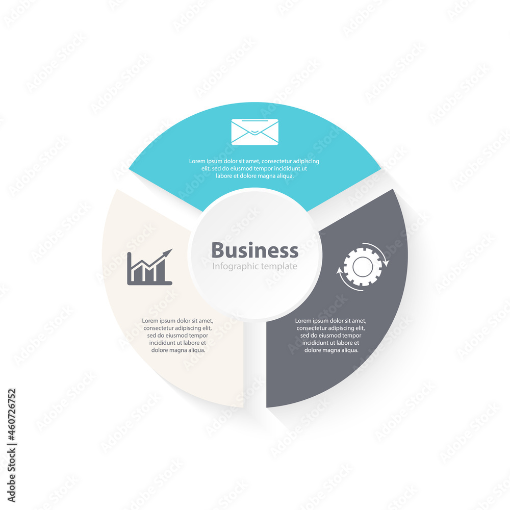Circle infographic with 3 steps or options. Infographics template for business concept with arrow can be used for layout, presentations, banner, round diagram or graph. Vector illustration