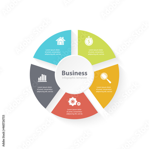 Circle infographic with 5 steps or options. Infographics template for business concept with arrow can be used for layout, presentations, banner, round diagram or graph. Vector illustration