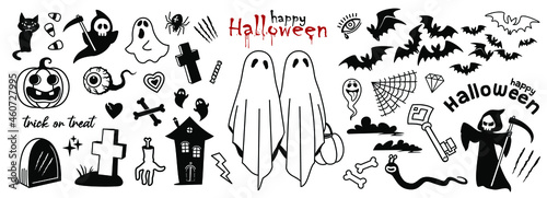 Halloween set, Vector illustration, sticker set, Happy Halloween, Trick or treat, cute ghosts