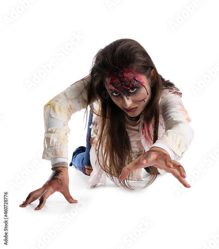 Scary zombie woman on white...
