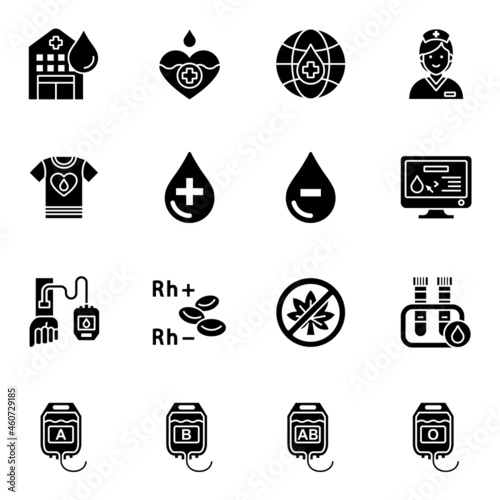 Hematology flat glyph icons set 1. Signs for World blood donor day. Silhouette pictogram.