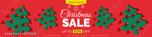 Fotografering christmas sale red banner design with spruce trees paper cut vector illustration