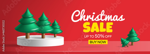 christmas sale web banner design with 3d spruce trees on the podium