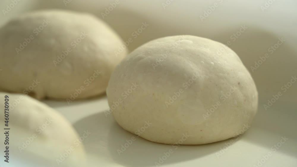 The pizzaiolo put a fresh pizza dough ball in the container for the final proofing. Closeup The pizzaiolo put a fresh pizza dough ball in the container for the final proofing. Closeup