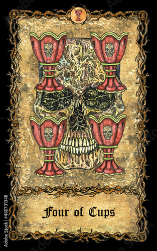 Four of cups. Minor Arcana tarot card with skull over antique background.