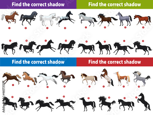 A set of 4 different games for toddlers. Find the correct horse shadow. Vector illustration