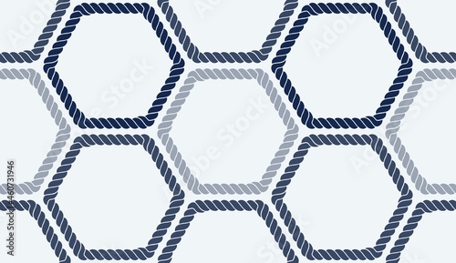 Seamless nautical rope pattern. Endless navy illustration with colorful loop ornament. Decorative geometric lines on dark blue backdrop. Trendy nautic maritime style. For fabric, wallpaper, wrapping