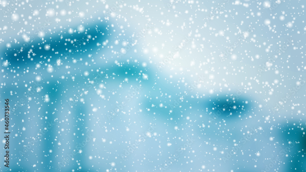 Obraz premium Winter Christmas background with blurred landscape, snowfalls, and snowflakes. Beautiful shining snowfalls vector Illustration. Design of backdrop, banner, poster, newsletter, advertisement, sale.