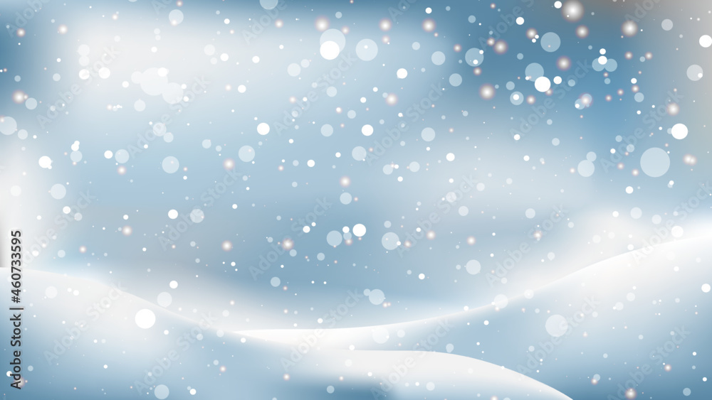 Winter Christmas background with blue sky, snowfalls, snowflakes and, snowdrifts. Beautiful shining snowfalls. vector Illustration. Design of backdrop, banner, poster, newsletter, advertisement, sale.