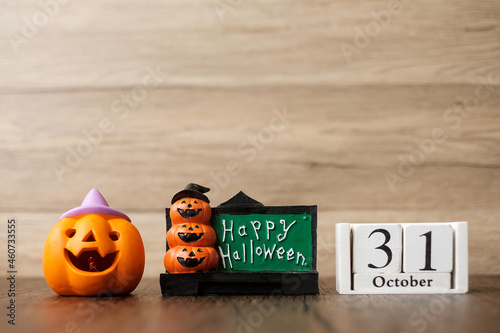 Happy Halloween day with Jack O lantern pumpkin and 31 October calendar. Trick or Threat, Hello October, fall autumn, Festive, party and holiday concept