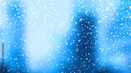 Winter Christmas background with blurred landscape, snowfalls, and snowflakes. Beautiful shining snowfalls vector Illustration. Design of backdrop, banner, poster, newsletter, advertisement, sale.