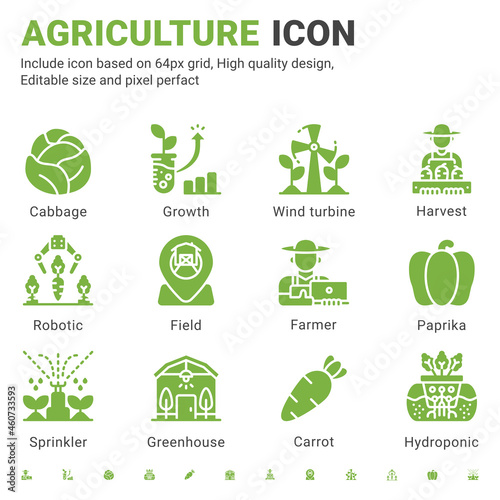 Agriculture icon set design flat style isolated on white background. Vector icon growth, farmer, pest, barn, tractor, hydroponic sign symbol concept for farm, mobile app, website, ui, ux and projects