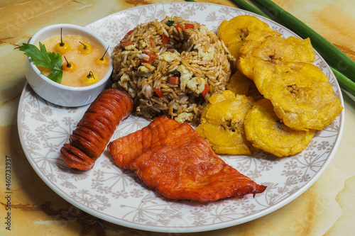 Chaufa Amazonico with jerky, chorizo and patacones, Peruvian cuisine from the jungle.
