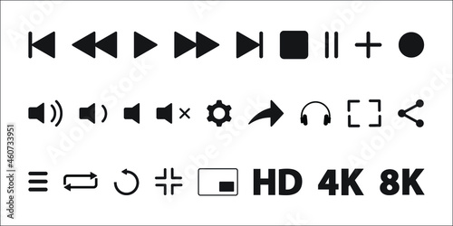 video media player icons vector set. multimedia music audio control. media player interface symbols. play, pause, mute sign. isolated on white background for web, presentation, logo, Icon Symbol. 