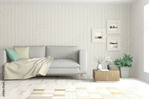 White living room with sofa. Scandinavian interior design. 3D illustration