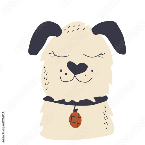 Muzzle of a shaggy Beige dog with dark ears with a collar in a hand-drawn style on a white background