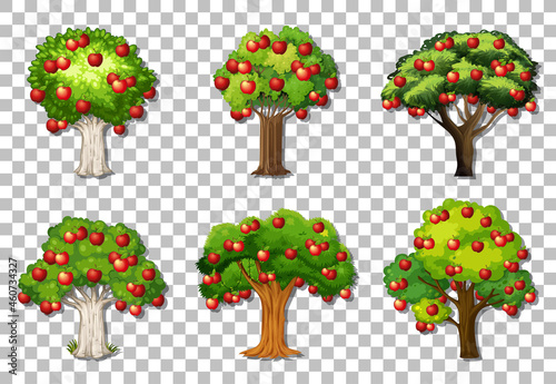 Set of variety apple trees on transparent background