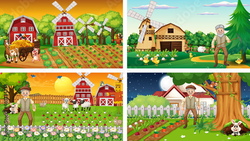 Different farm scenes with old farmer and animal cartoon character