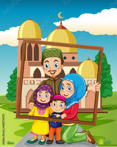 Happy family holding photo frame with mosque on the background