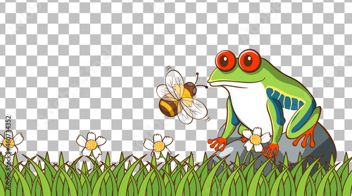 Frog on the grass field on transparent background