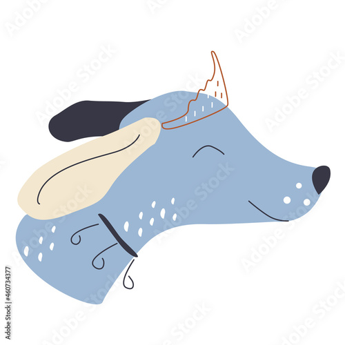 Cute muzzle of a blue dog with a tiara with closed eyes in a hand-drawn style on a white background